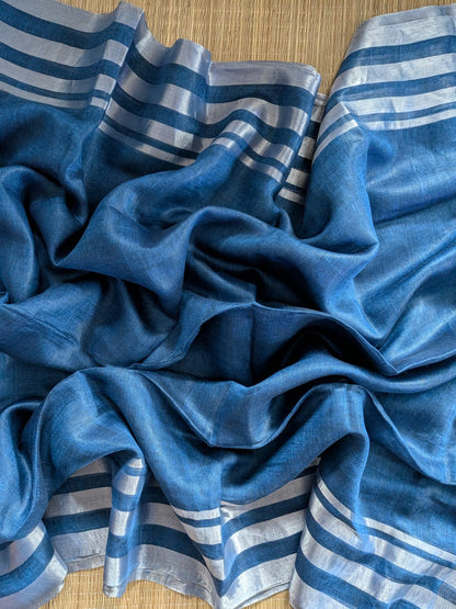 Blue Pure 100-count Jayashree linen saree with tested zari double border on both sides and zari palla, including running blouse piece from Rihyaaz Fashions.