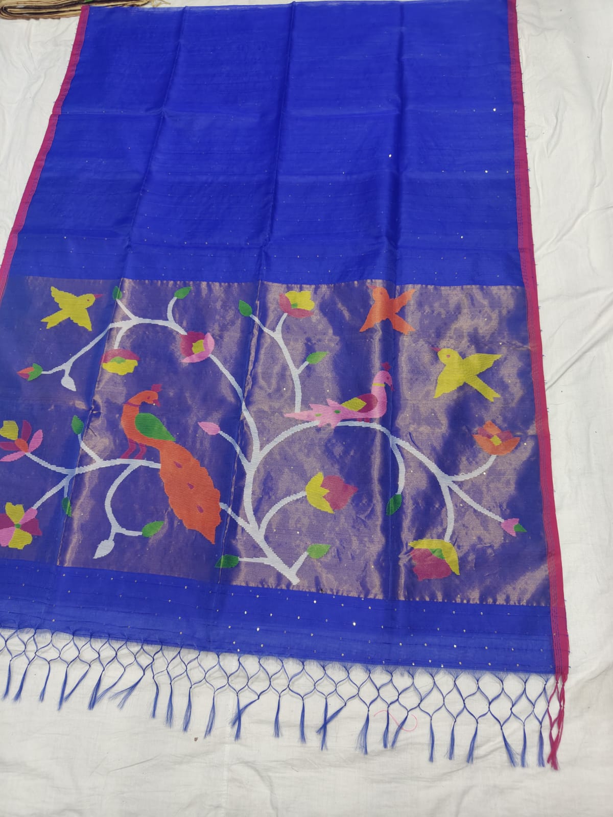 𝓞𝓭𝓱𝓪𝓷𝓲 – Muslin Silk Pathani Weave Saree with All-Over Sequin Elegance