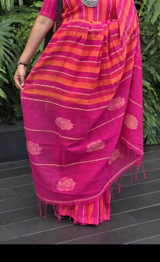 Rose handwoven striped linen saree with elegant woven stripes, rose motifs, and a lightweight traditional handloom texture by Rihyaaz 