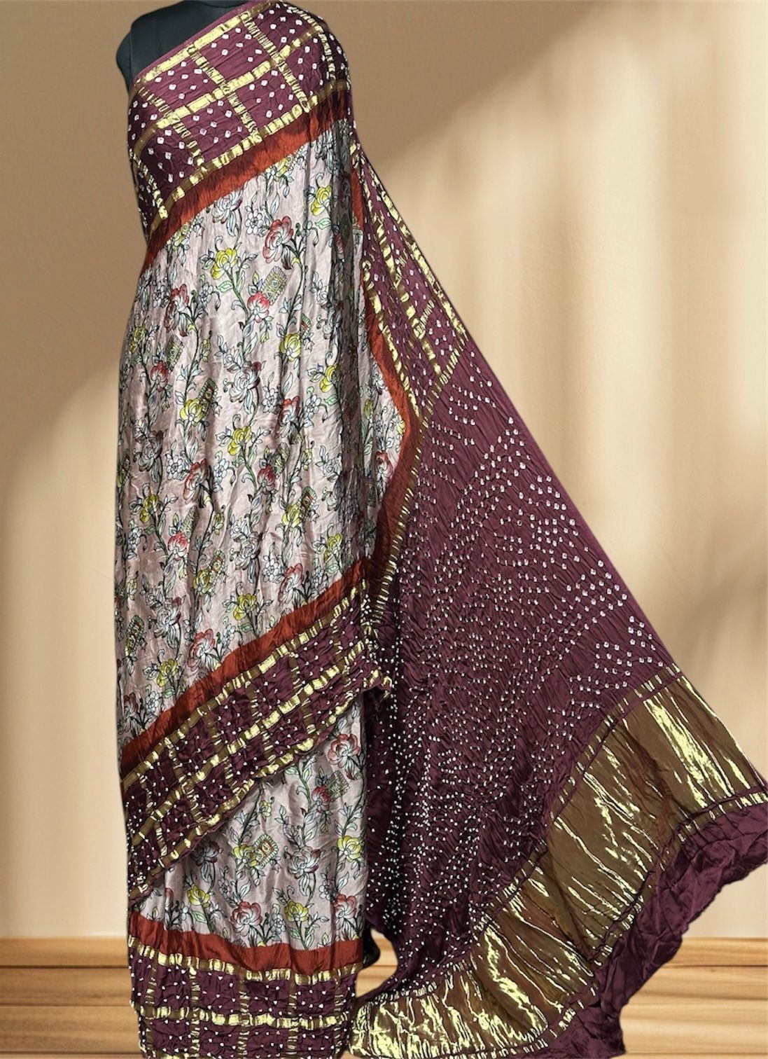 Kalamkari Bandhej Modal Silk Saree with Heavy Tissue Pallu | Digital Print Natural Dye |