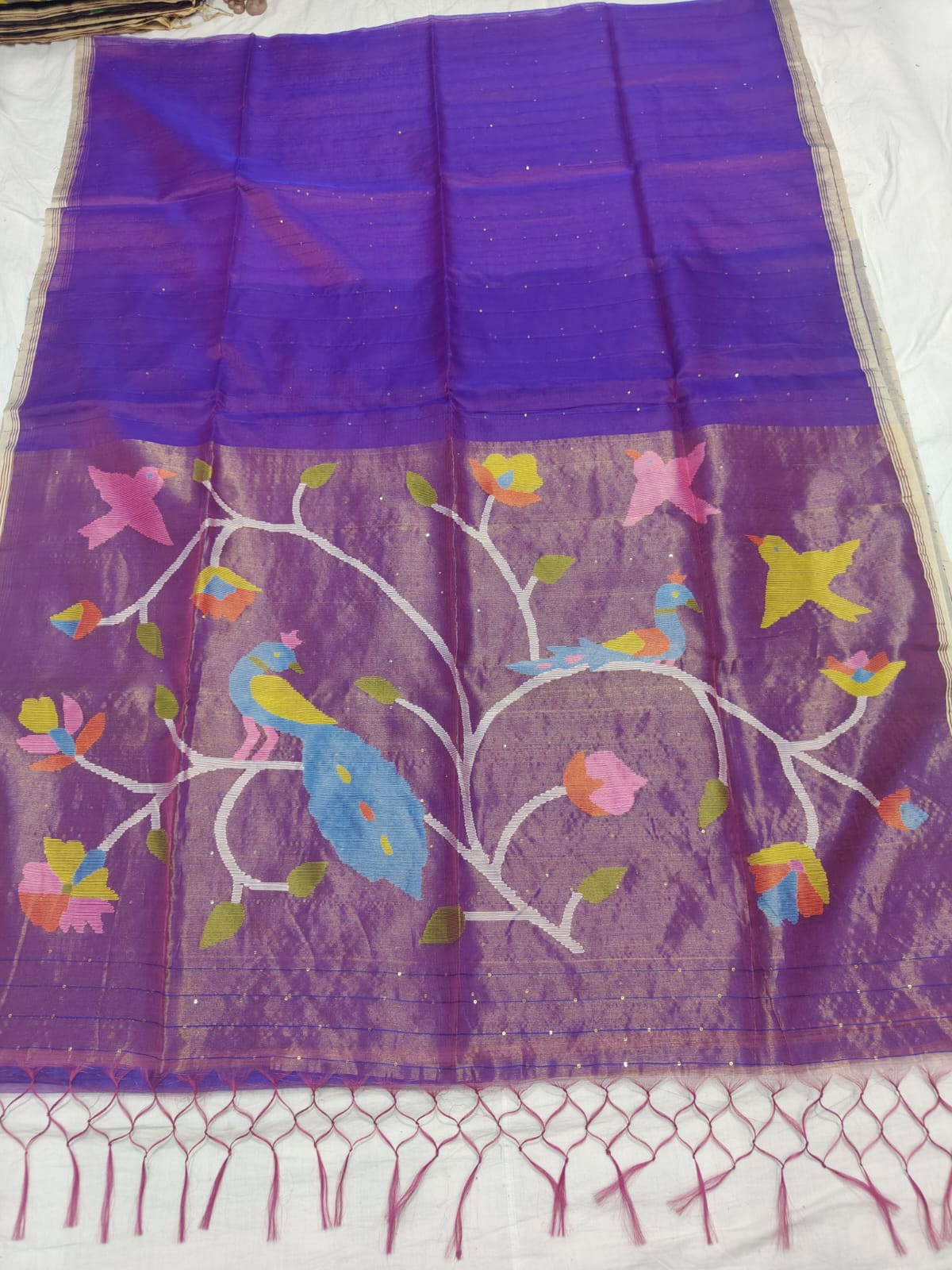 𝓞𝓭𝓱𝓪𝓷𝓲 – Muslin Silk Pathani Weave Saree with All-Over Sequin Elegance