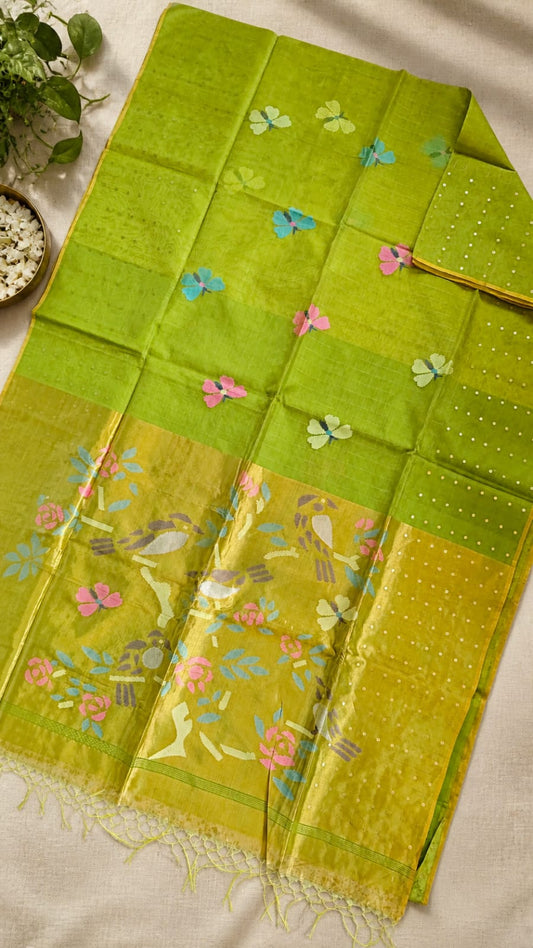 Titli by Rihyaaz – Beautiful muslin Paithani style needle work Jamdani saree with delicate sequins work and matching blouse piece, handcrafted for festive and occasion wear.