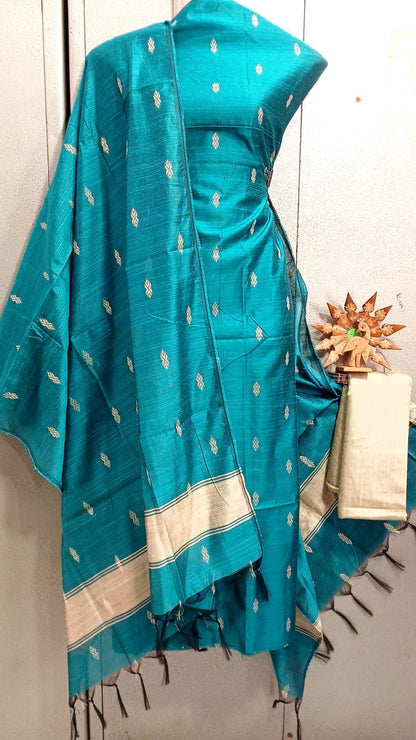 Semi Raw Silk Buta Design Unstitched Dress Material Set