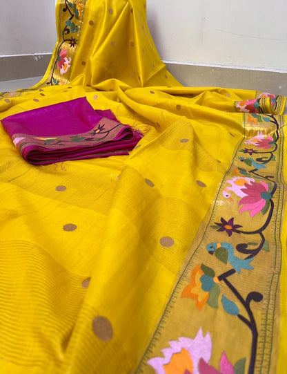 Pure Handloom Tussar Silk Suit - Exquisite Embroidery Border | Premium Weave | Silk Mark Certified