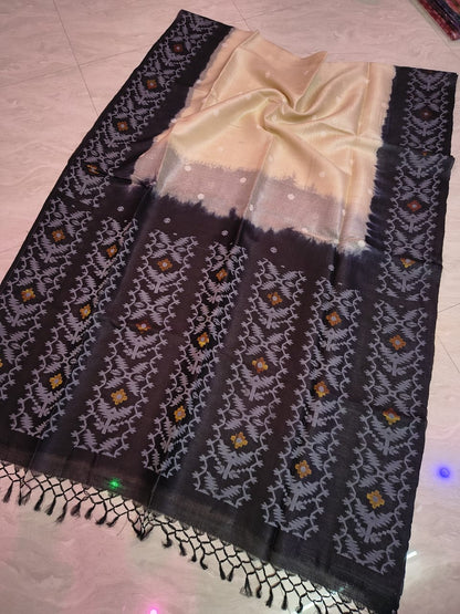 Pure Tussar Jamdani Tie-Dye Saree | Handwoven Tussar Silk with Blouse