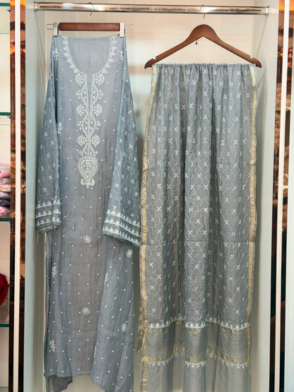 Pure Mulmul Chanderi Chikankari Straight Suit Set with Heavy Resham Jaal Work | Semi-Stitched | Rihyaaz