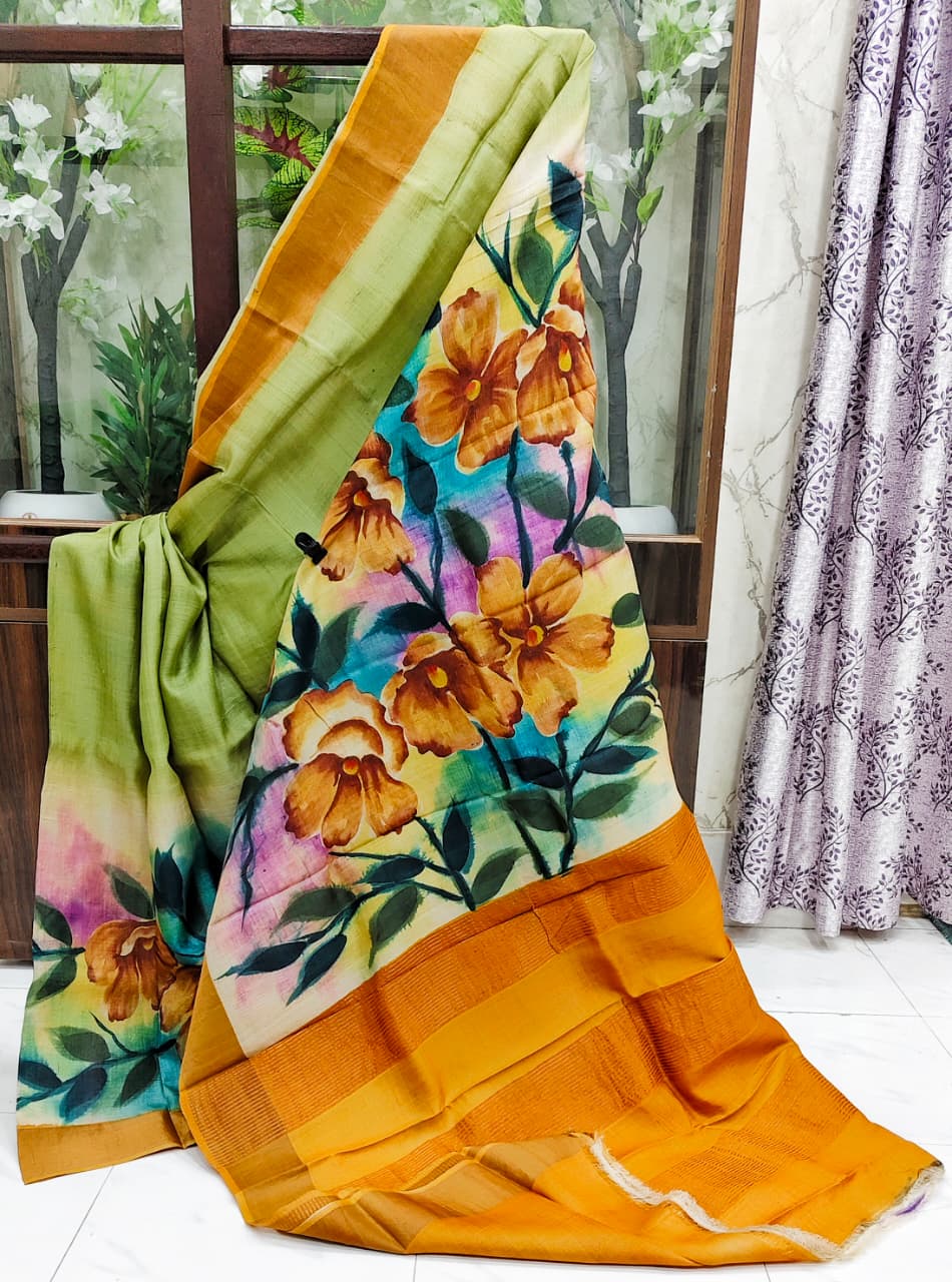 Sparsh – Hand-Painted Bishnupuri Tussar Saree with Zari Border