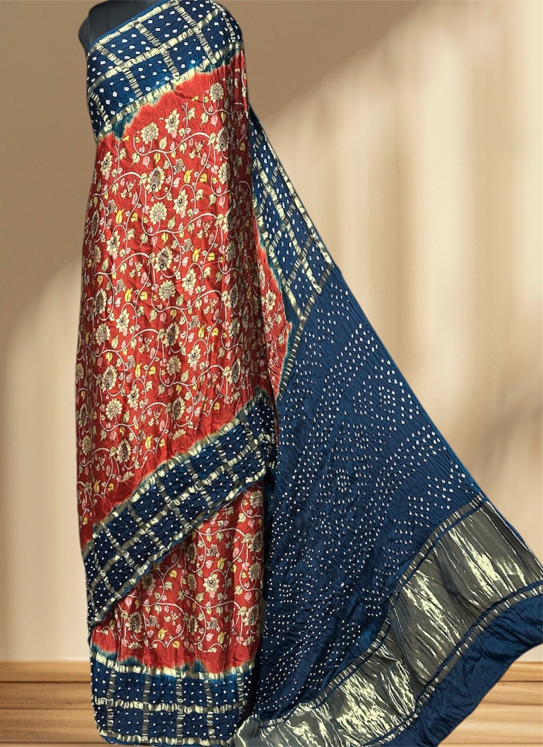 Kalamkari Bandhej Modal Silk Saree with Heavy Tissue Pallu | Digital Print Natural Dye |