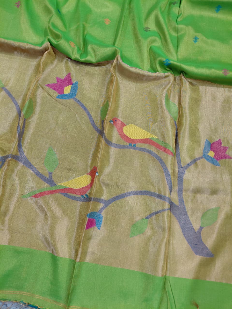 Rai Pure Cotton by Zari Tissue Acrylic Saree with Paithani Pallu by Rihyaaz, elegant handwoven festive saree featuring traditional Paithani weaving, lightweight cotton fabric, shimmering zari tissue finish, and premium ethnic wear for weddings and celebrations.
