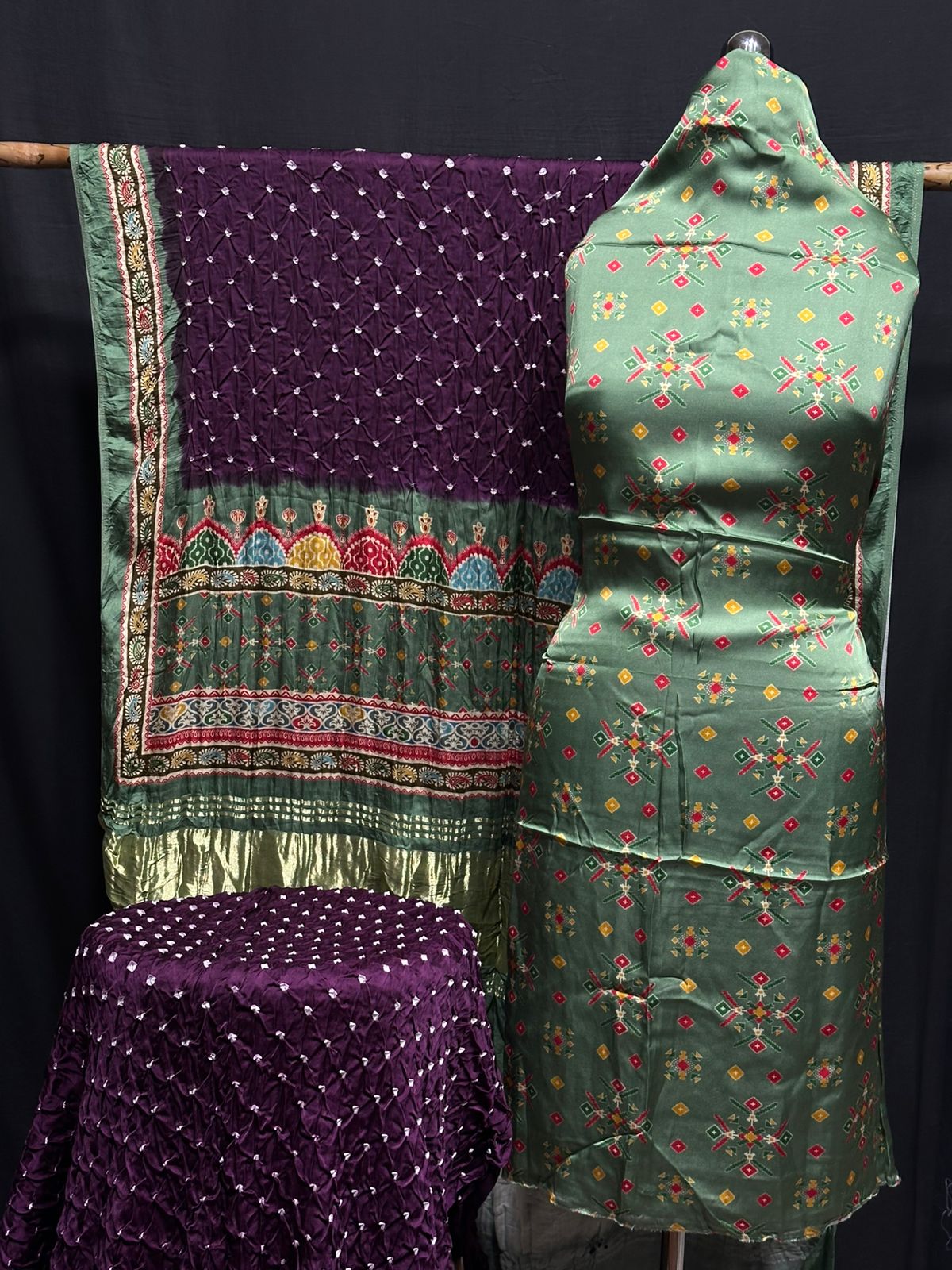 Kalamkari Bandhej 3-Piece Suit – Premium Modal Silk Elegance