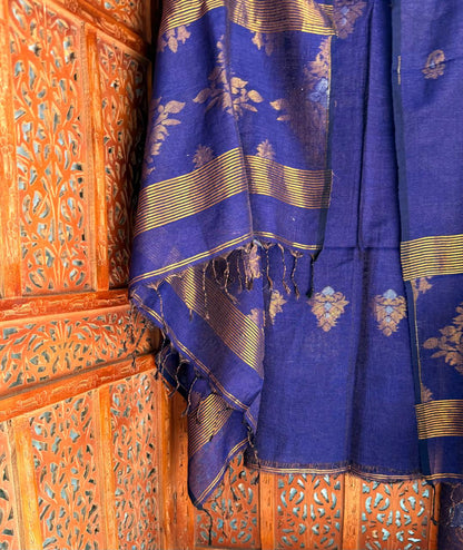 Jarau royal blue organic 100 count linen by linen 2-piece suit with all-over needle Jamdani weaving on kurta and antique zari Meenakari work on both sides of the dupatta by Rihyaaz.