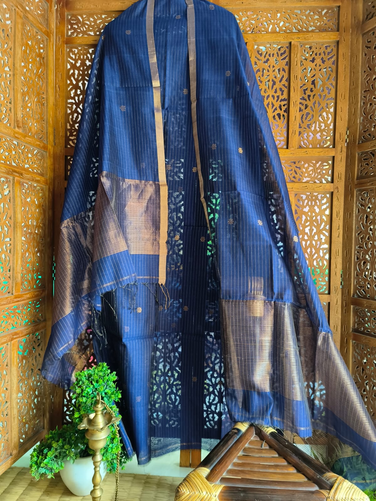Kuheli - Pure Maheshwari Silk Suit Set | Micro Zari Checks | Floral Motif Detailing