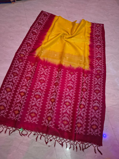 Pure Tussar Jamdani Tie-Dye Saree | Handwoven Tussar Silk with Blouse