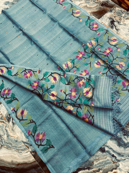 Karabi Pure Gachi Tussar Handwoven Saree with Designer Work Blouse Piece by Rihyaaz, premium handcrafted silk saree for weddings, festive wear, and ethnic occasions.