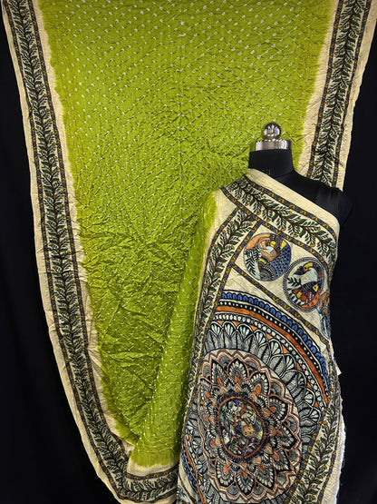 Pure Modal Silk Bandhani Saree – Kalamkari x Bandhani Fusion | Natural Block Prints