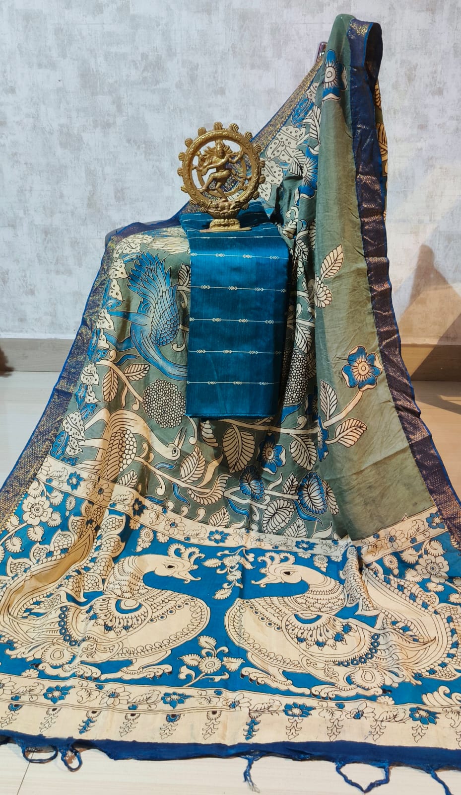 Ikkat Raw Silk Unstitched Dress Material with Kalamkari Dupatta