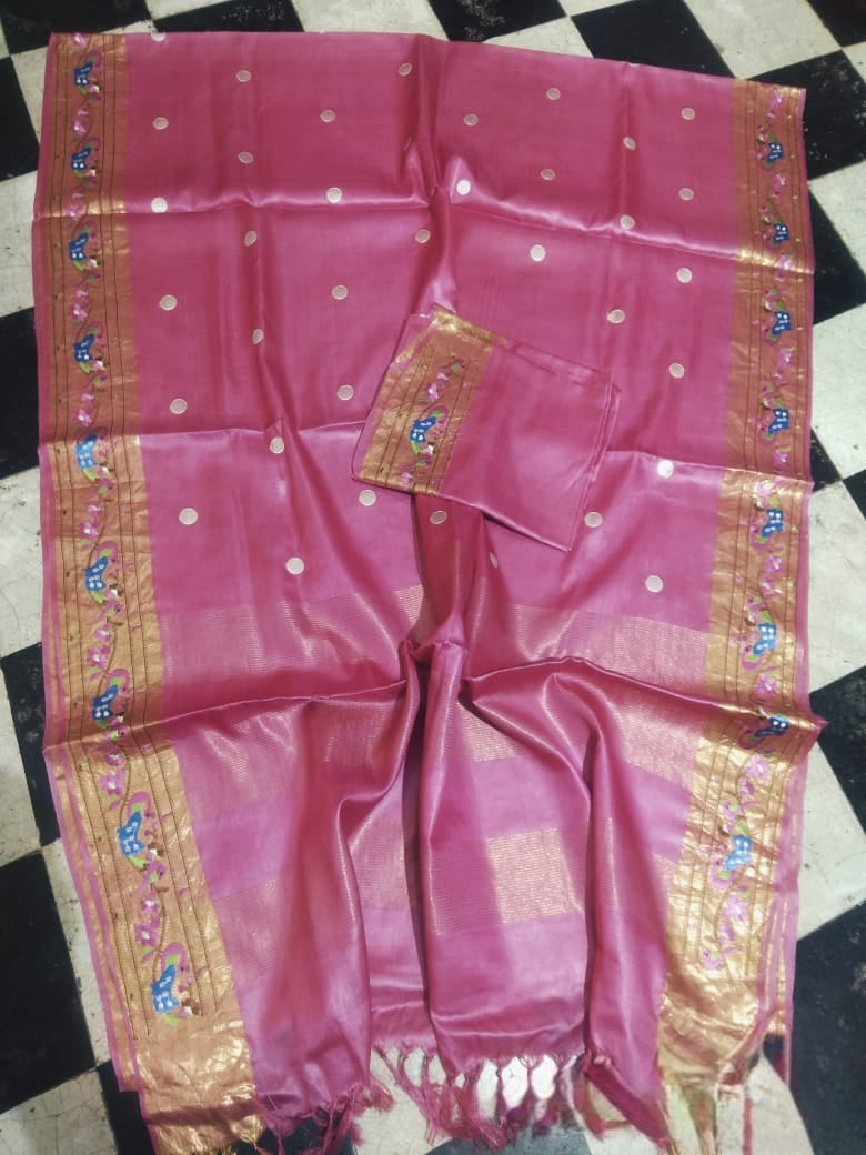 Pure Handloom Tussar Silk Suit - Exquisite Embroidery Border | Premium Weave | Silk Mark Certified