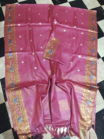 Pure Handloom Tussar Silk Suit - Exquisite Embroidery Border | Premium Weave | Silk Mark Certified
