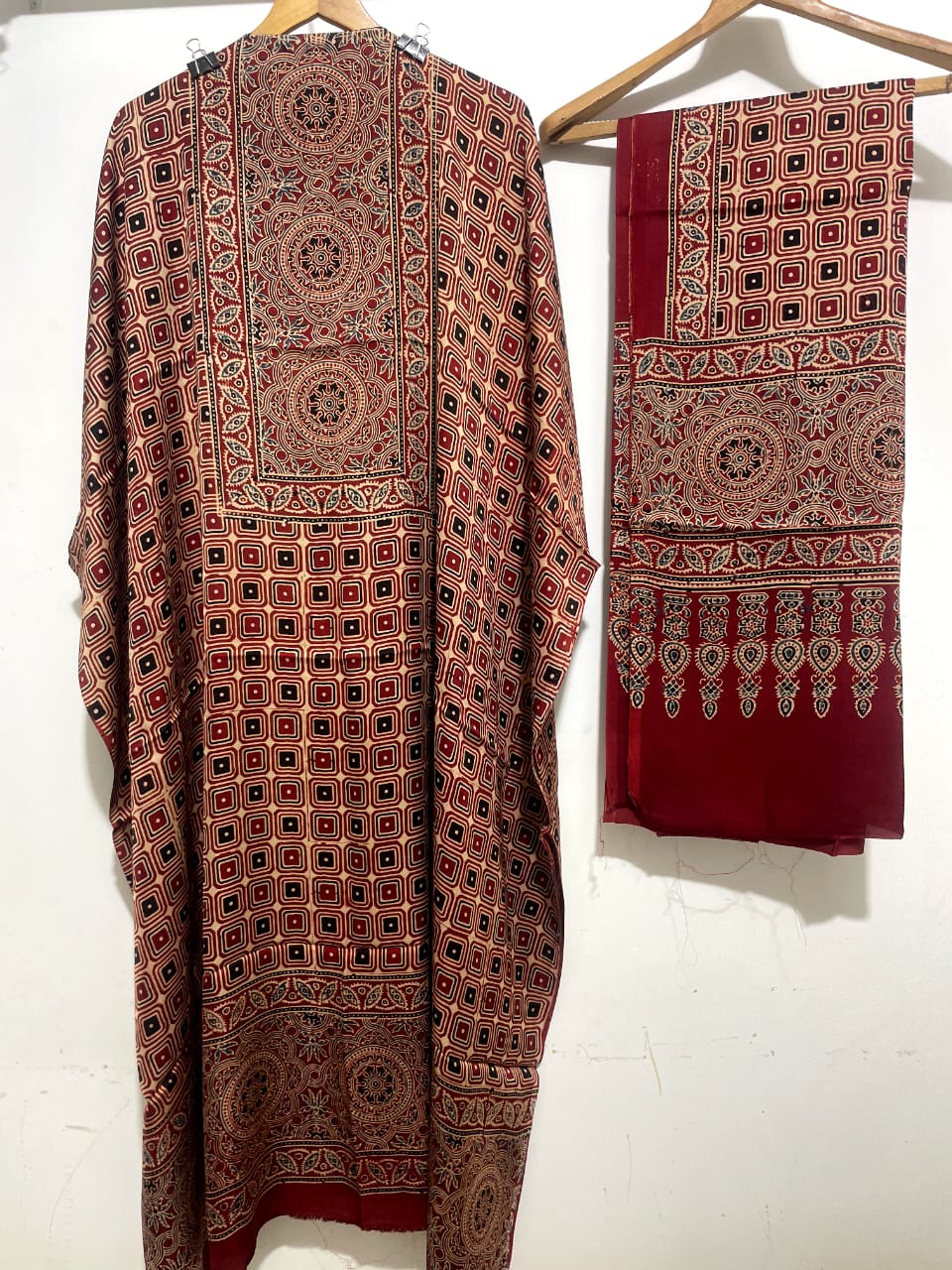 Coral- Modal Silk Handblock Ajrakh Suits in Red Shade – Elegance That Speaks Tradition