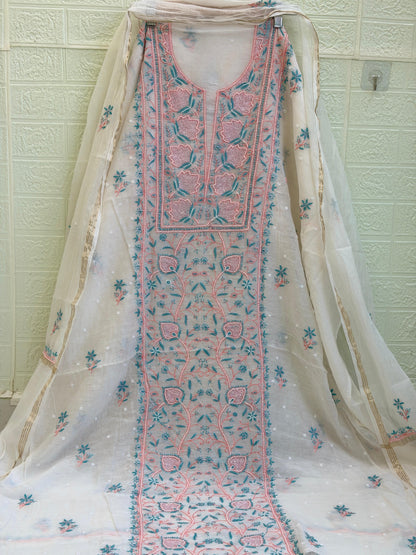 Fabric Mul Mul Chanderi Suit Set – Kurta & Dupatta | Chikan Fine Work | Colour Thread Embroidery | Pearl & Cuttdhana Detailing | Dyeable Fabric
