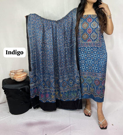 Pure Modal Silk Ajrakh Hand Block Printed Suit | Natural Dye | Premium Handcrafted Set