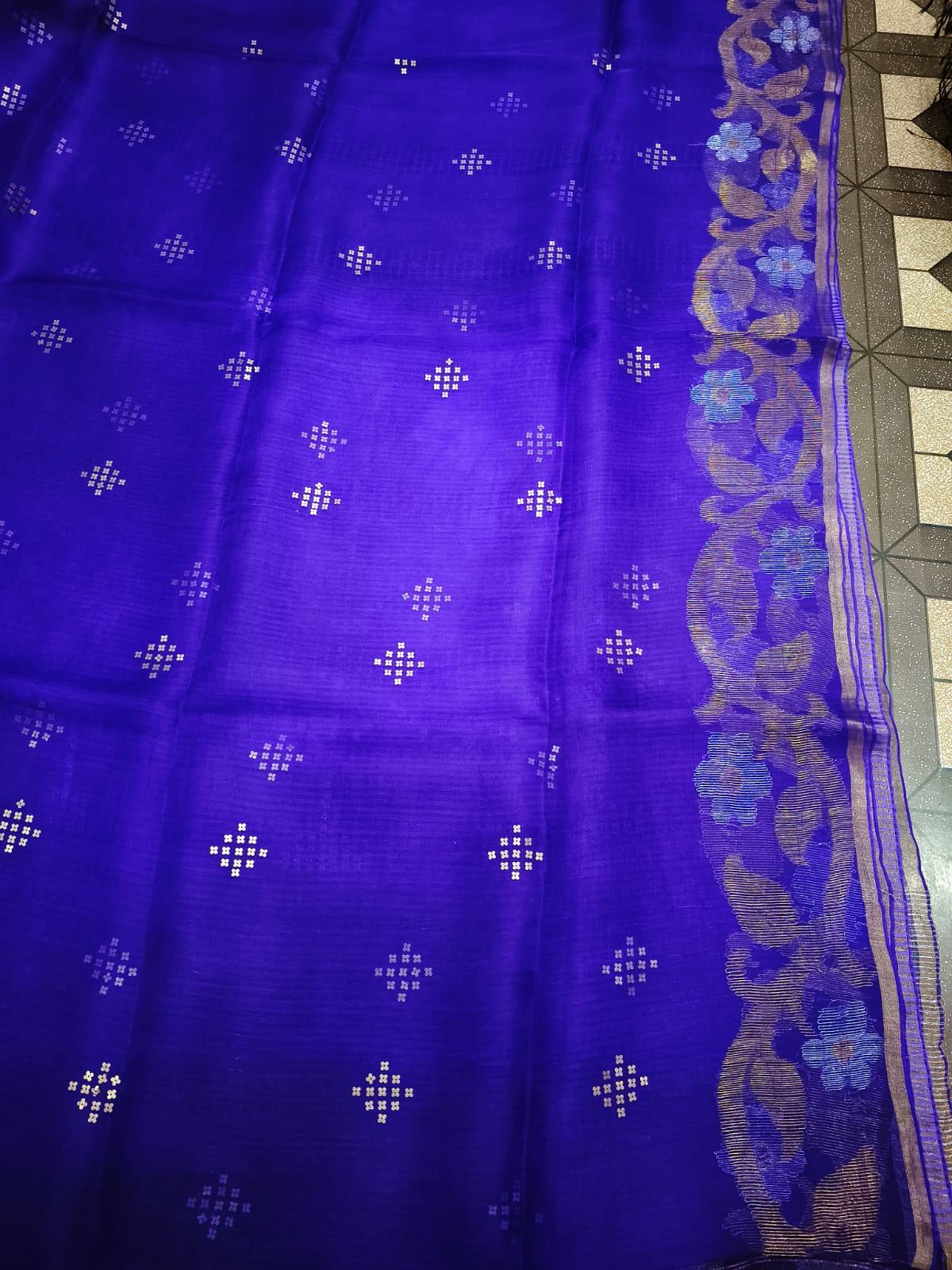 Maan pure premium Resham saree with needle tissue Jamdani work, brass sequin pallu and running blouse piece by Rihyaaz