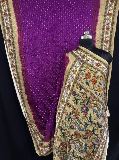Pure Modal Silk Bandhani Saree – Kalamkari x Bandhani Fusion | Natural Block Prints