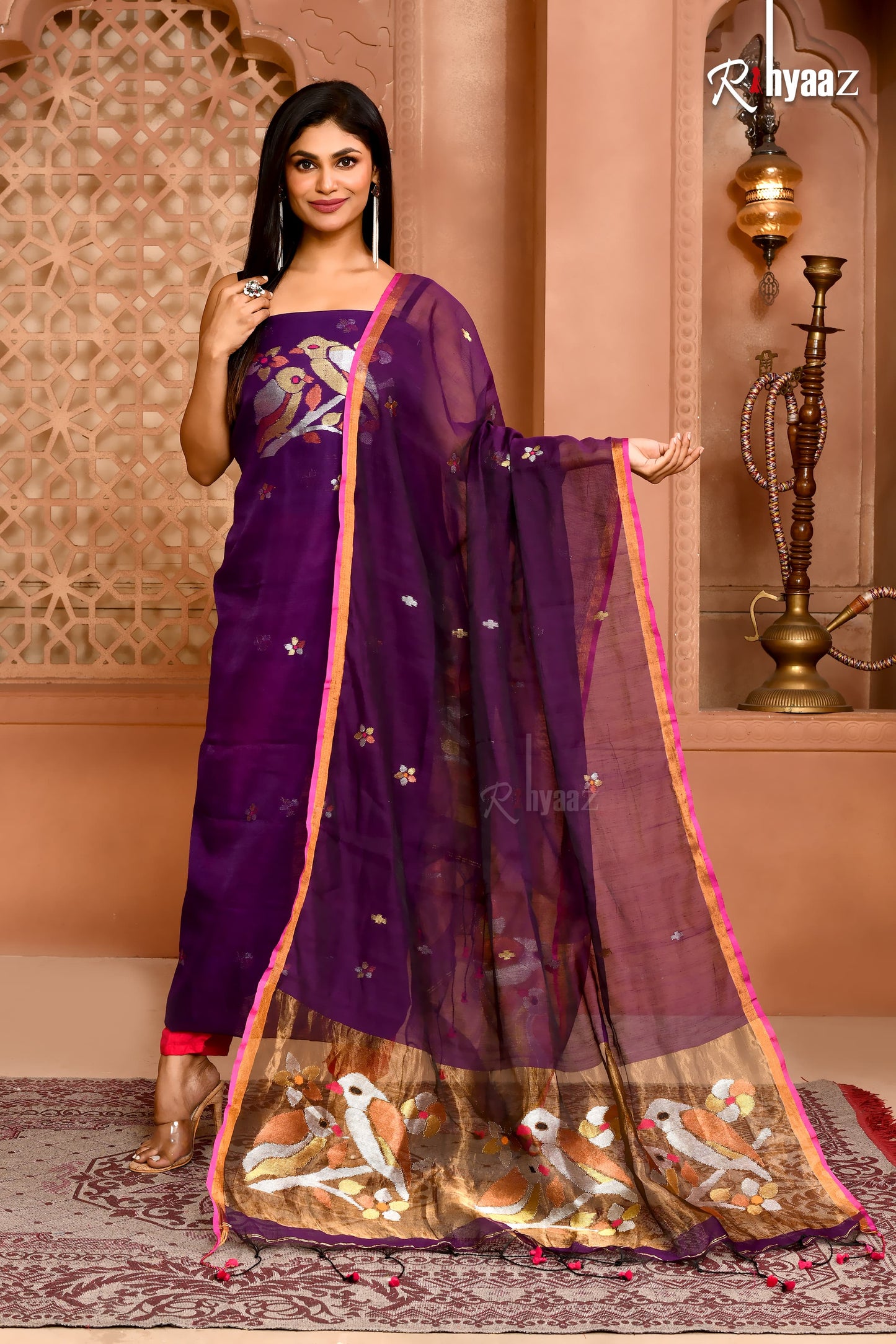 Tiya - Muslin dual zari weaved with bird motif jamdani suits