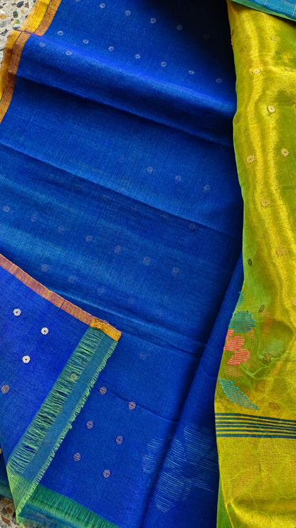 Titli by Rihyaaz – Beautiful muslin Paithani style needle work Jamdani saree with delicate sequins work and matching blouse piece, handcrafted for festive and occasion wear.