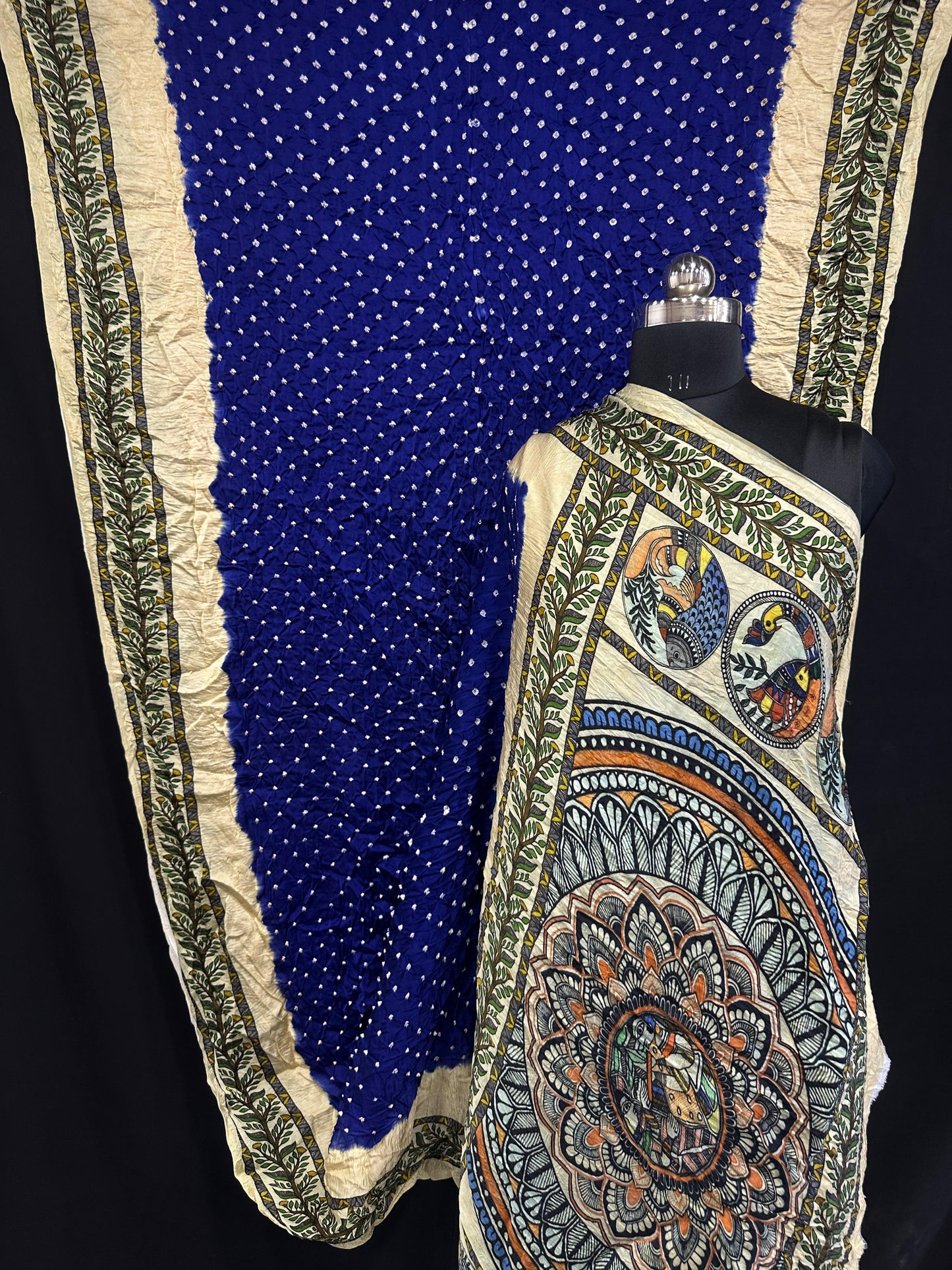 Pure Modal Silk Bandhani Saree – Kalamkari x Bandhani Fusion | Natural Block Prints