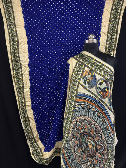 Pure Modal Silk Bandhani Saree – Kalamkari x Bandhani Fusion | Natural Block Prints