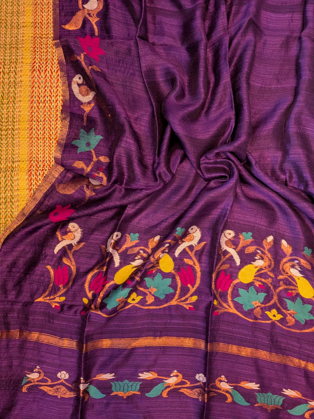 Utsav Deep Purple Pure Matka Jamdani saree by Rihyaaz Fashions featuring a Paithani-style pallu, handwoven designer border and contrasting tested zari borders.