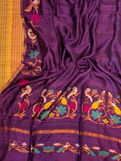 Utsav Deep Purple Pure Matka Jamdani saree by Rihyaaz Fashions featuring a Paithani-style pallu, handwoven designer border and contrasting tested zari borders.