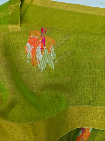 Lolita tissue linen allover weaved floral motiffs needle Jamdani saree with blouse piece, and striped zari weave in Pallu, handcrafted Bengali saree by Rihyaaz