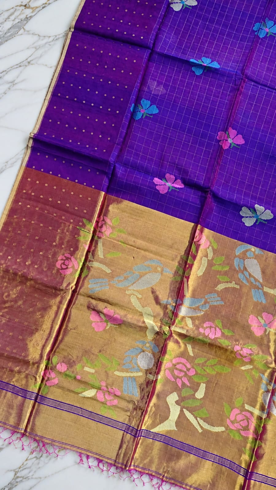Titli by Rihyaaz – Beautiful muslin Paithani style needle work Jamdani saree with delicate sequins work and matching blouse piece, handcrafted for festive and occasion wear.