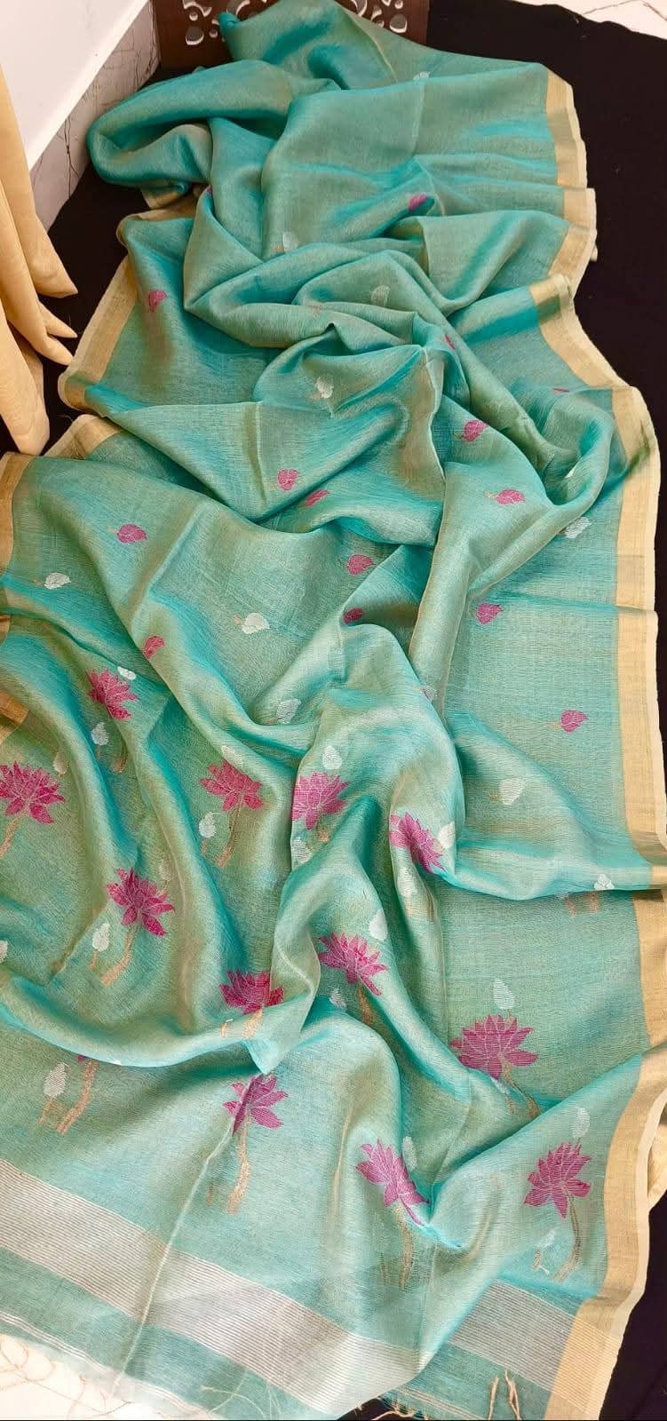Pure Tissue Linen Handwoven Butta Work Jamdani Saree with Running Blouse Piece Premium Handloom Collection
