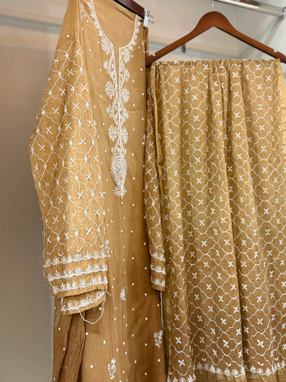 Pure Mulmul Chanderi Chikankari Straight Suit Set with Heavy Resham Jaal Work | Semi-Stitched | Rihyaaz