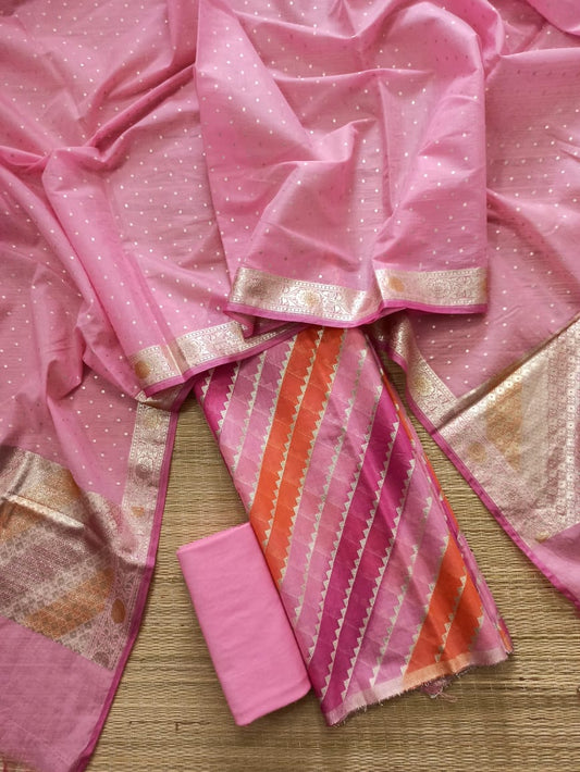 Premium Banarasi Pure Mercerised Suit Set | Lorex Weaving Handbrush Top & Dupatta | Cotton Silk Dyed Bottom