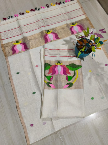 Cocoon White Jayshree linen by linen suit with intricate needle tissue patta Jamdani weaving, premium traditional ethnic wear by Rihyaaz.