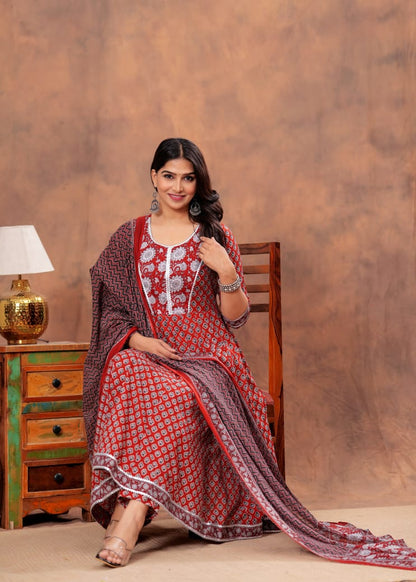 A-Line Anarkali Kurti Pant Set With Dupatta - Bagru Hand Block Printed | Pure Cotton Fabric | Customisable Sizes