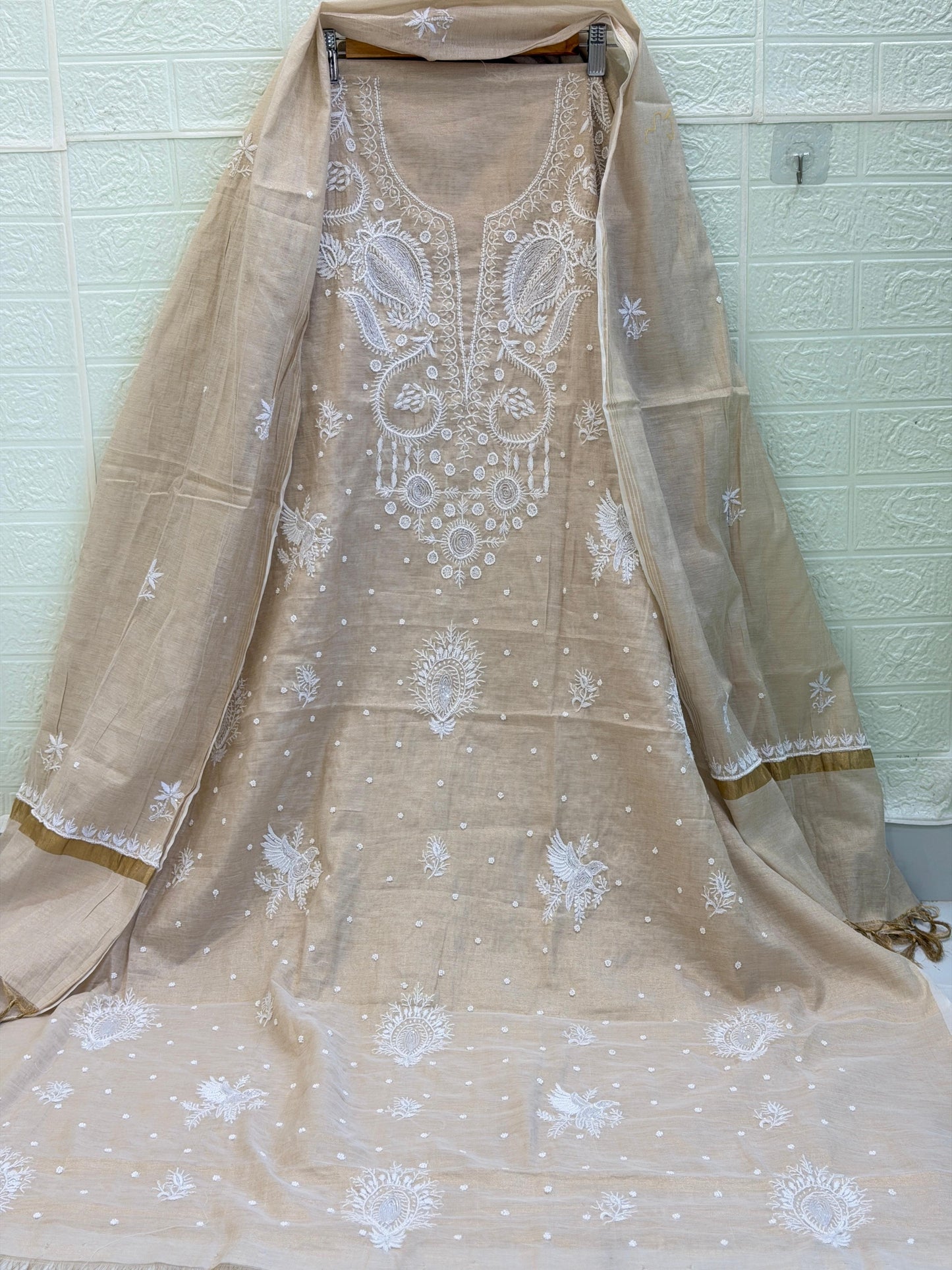 Fabric Rose Gold Tissue Chanderi Suit Set | Chikan Fine Work | Pearl & Cutdana Detailing | Dyeable Fabric