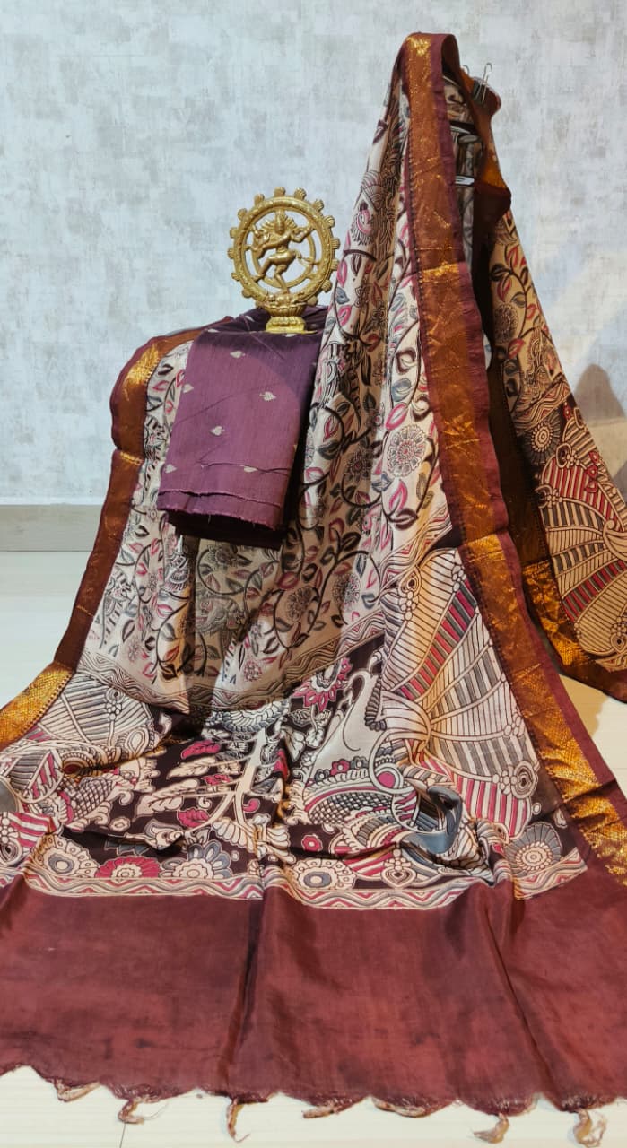 Ikkat Raw Silk Unstitched Dress Material with Kalamkari Dupatta