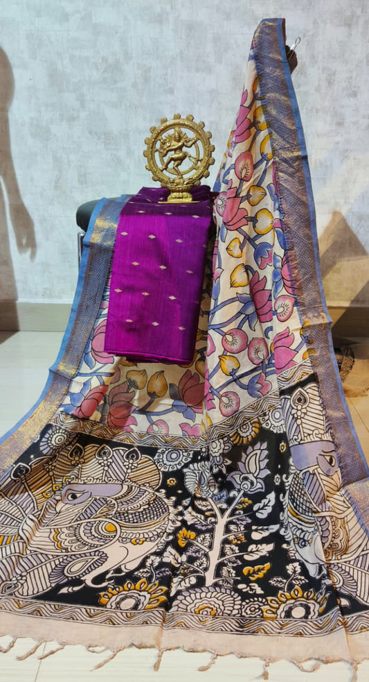 Ikkat Raw Silk Unstitched Dress Material with Kalamkari Dupatta