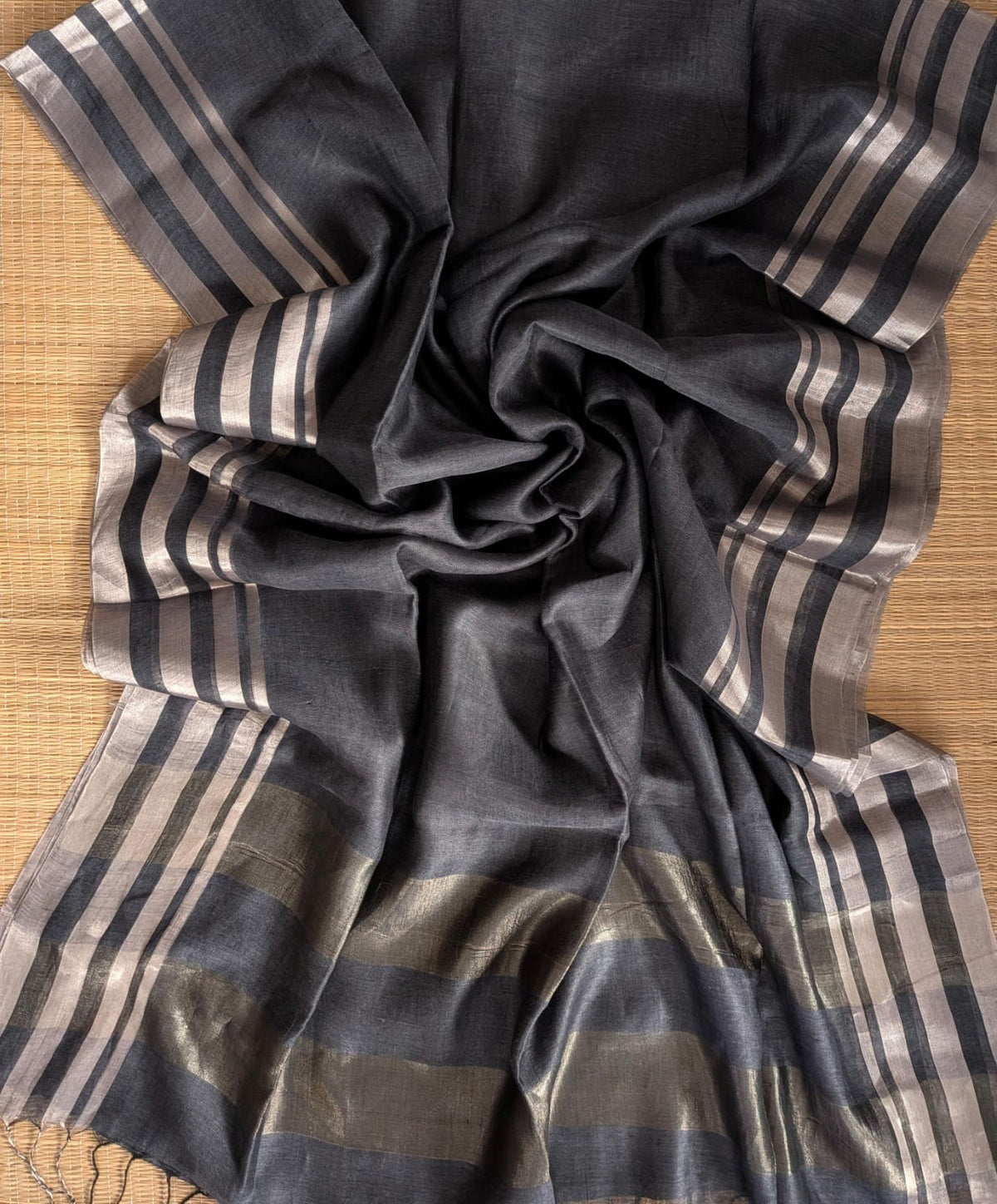 Gray Pure 100-count Jayashree linen saree with tested zari double border on both sides and zari palla, including running blouse piece from Rihyaaz Fashions.