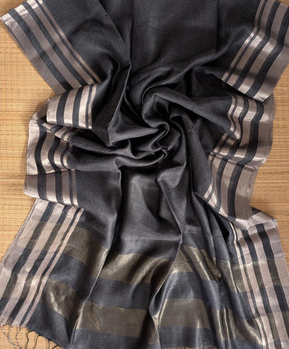 Gray Pure 100-count Jayashree linen saree with tested zari double border on both sides and zari palla, including running blouse piece from Rihyaaz Fashions.