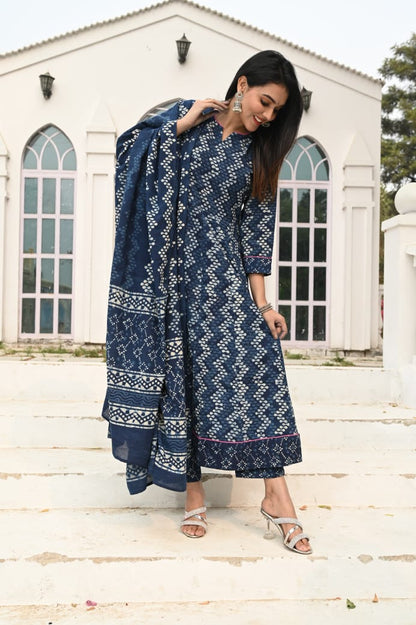 A-Line Anarkali Kurti Pant Set With Dupatta - Bagru Hand Block Printed | Pure Cotton Fabric | Customisable Sizes
