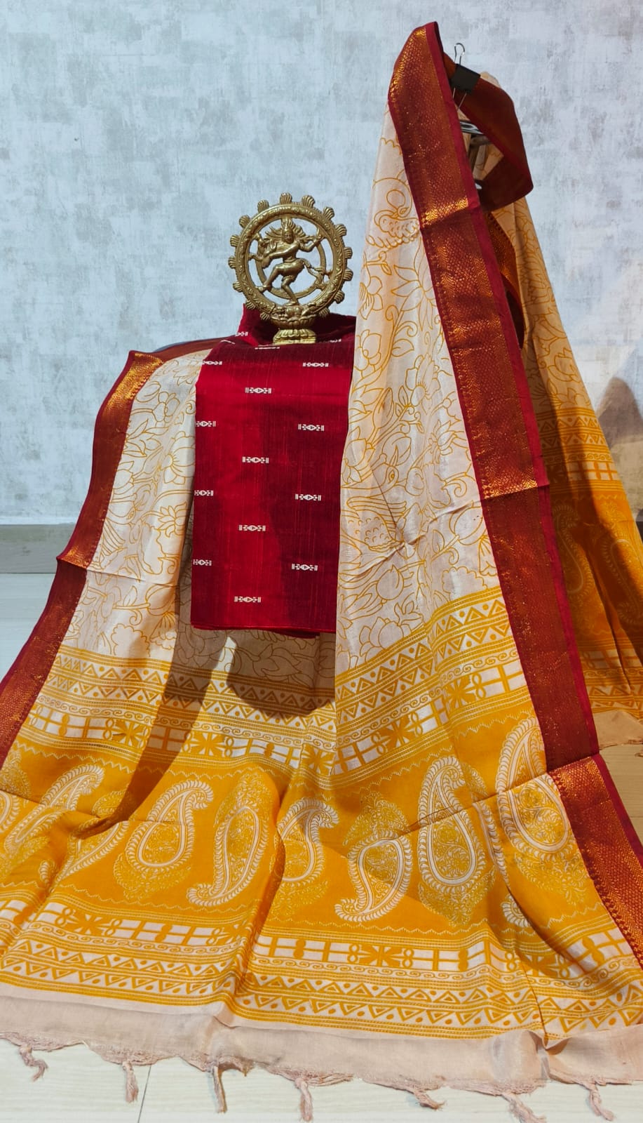 Ikkat Raw Silk Unstitched Dress Material with Kalamkari Dupatta