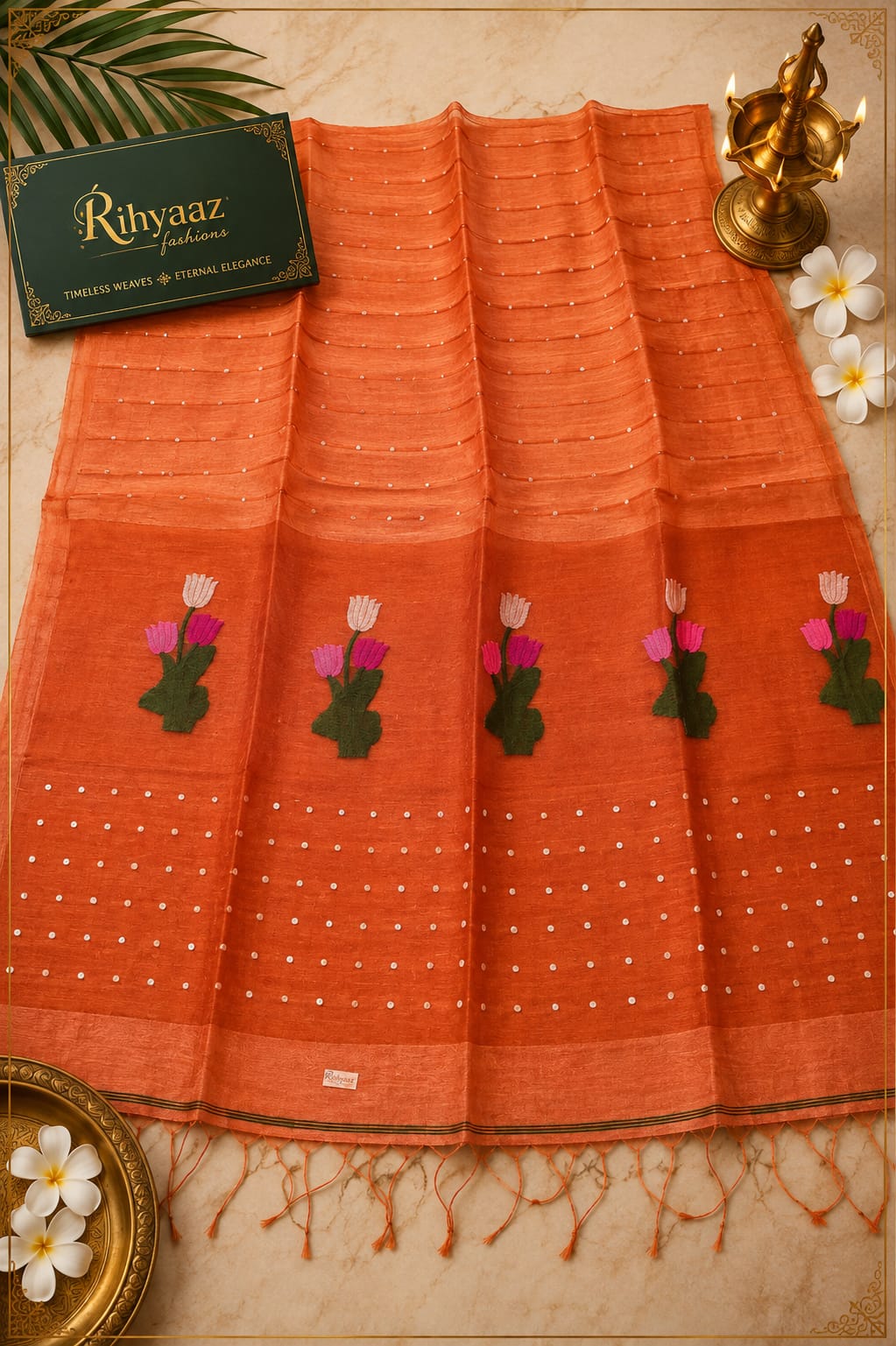 Tinka premium linen saree with resham tulip woven Jamdani anchal and all-over sequin detailing by Rihyaaz