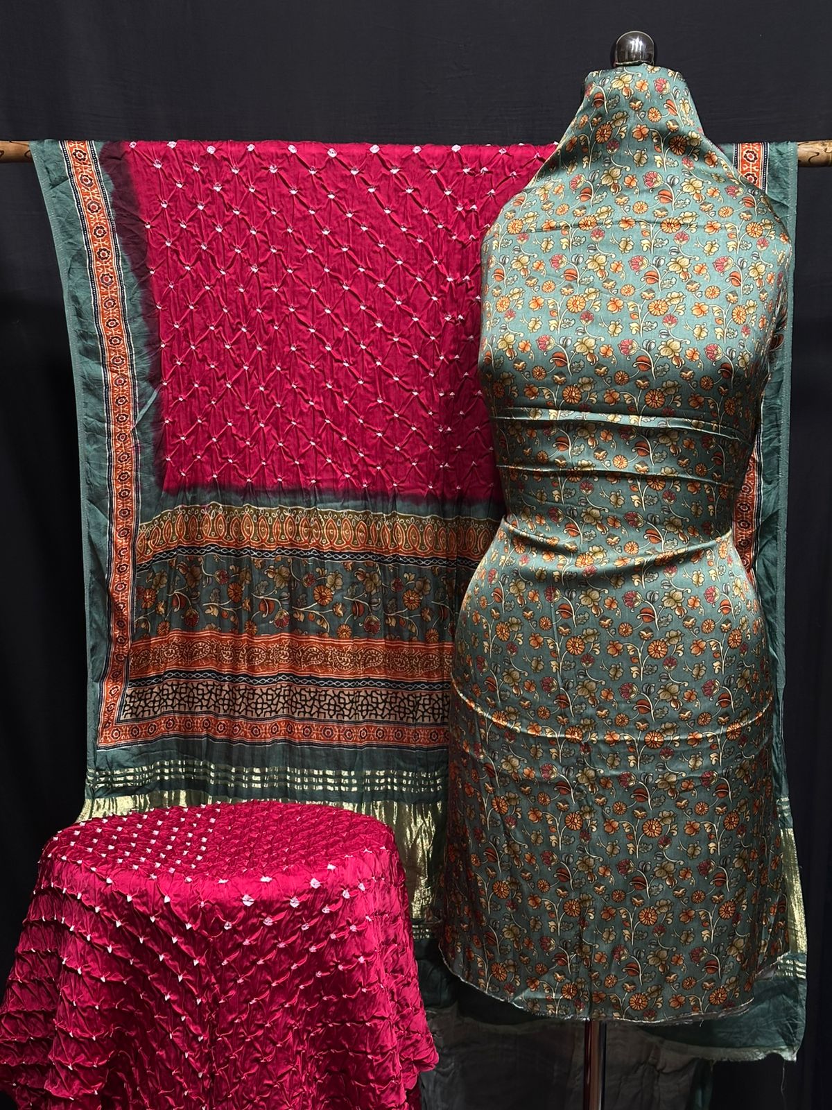 Kalamkari Bandhej 3-Piece Suit – Premium Modal Silk Elegance