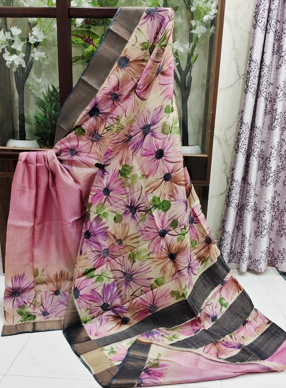 Sparsh – Hand-Painted Bishnupuri Tussar Saree with Zari Border